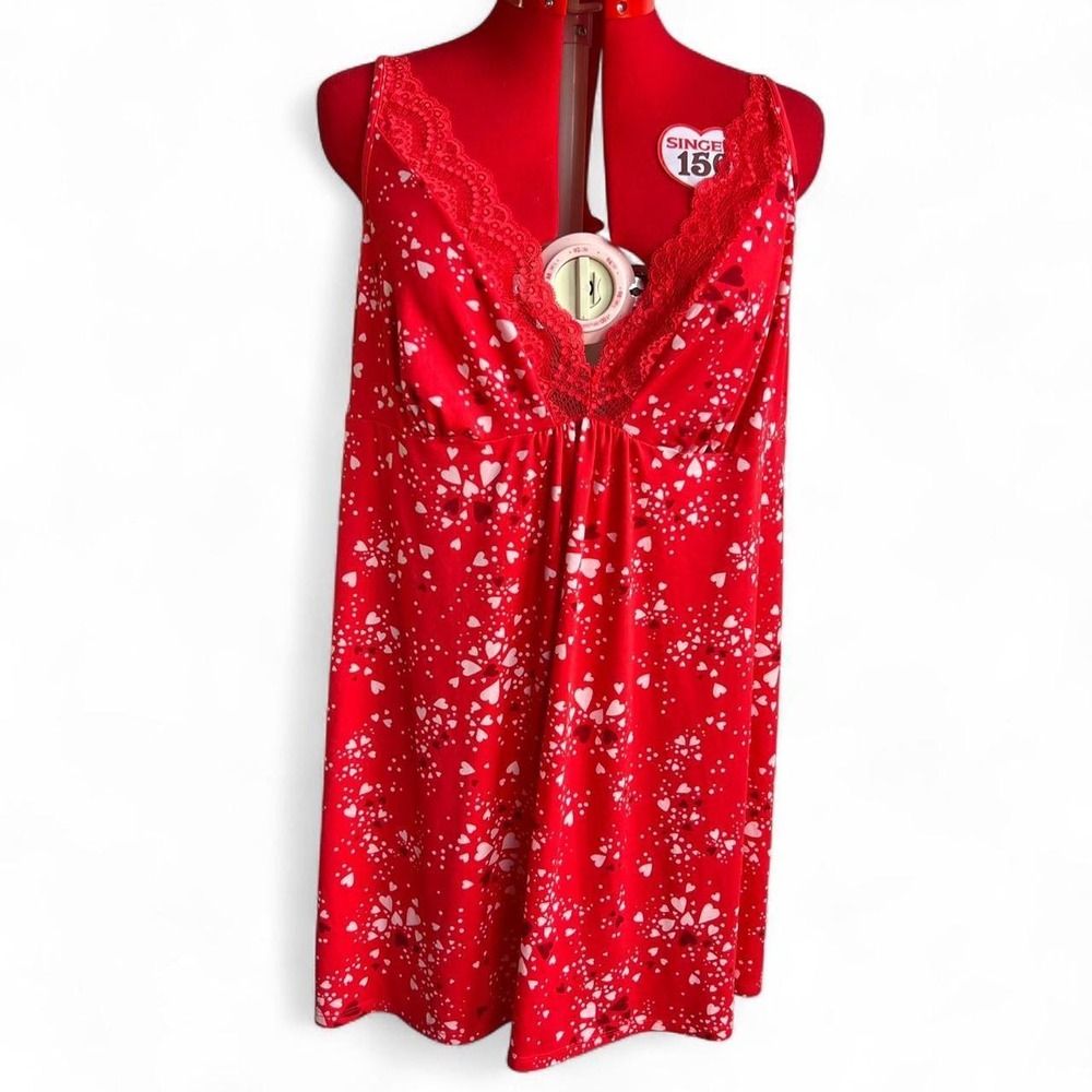 Joyspun Red Nightgown With Hearts, Lace Trim & Adjustable Straps 2X